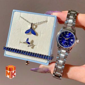 ست هدیه زنانه آبی با ساعت نقره‌ای
