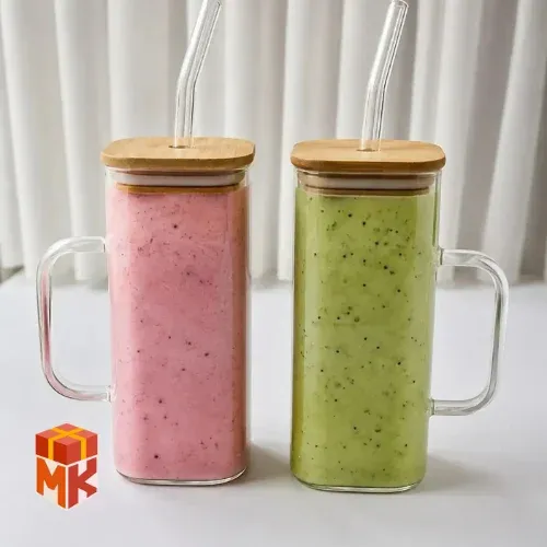 لیوان اسموتی شیشه‌ای دسته‌دار