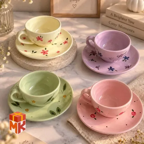 فنجان و نعلبکی سرامیکی پاستلی